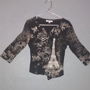 IQ Paris Button Down Blouse with Eiffel Tower